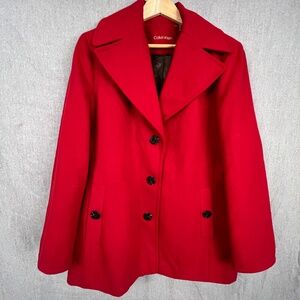 Calvin Klein Women Notch Collar Pea Coat Sz XL Office Preppy Work Red Classic